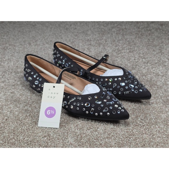 a new day Shoes - A New Day Gabriella Rhinestone Mary Jane Pointed Toe Flats Black 6.5